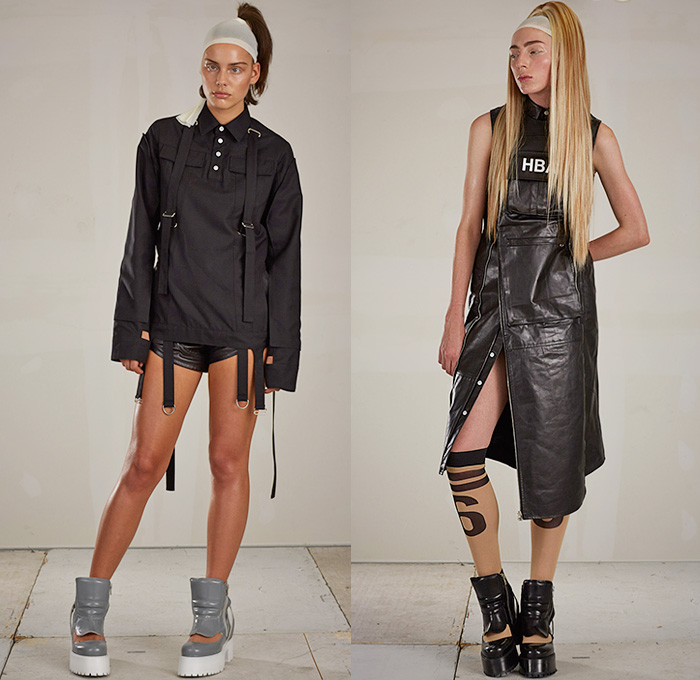 Hood By Air 2015 Spring Summer Womens Part II Lookbook Presentation - Mode à Paris Fashion Week Prêt-à-Porter Mode Féminin Femme France - Cutout Hem Waist Hooks Accordion Pleats Blouse Shirt Zippers Jumpsuit Shin Protectors Snap Closures Flap Cargo Utility Pockets Skirt Frock Leather Leg Warmers Waistcoat Bib Apron Banded Strap Open Shoulder Blazerdress Coatdress