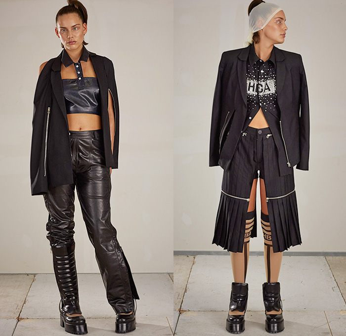 Hood By Air 2015 Spring Summer Womens Part II Lookbook Presentation - Mode à Paris Fashion Week Prêt-à-Porter Mode Féminin Femme France - Cutout Hem Waist Hooks Accordion Pleats Blouse Shirt Zippers Jumpsuit Shin Protectors Snap Closures Flap Cargo Utility Pockets Skirt Frock Leather Leg Warmers Waistcoat Bib Apron Banded Strap Open Shoulder Blazerdress Coatdress