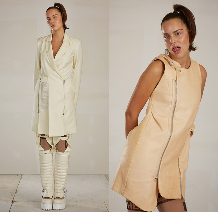 Hood By Air 2015 Spring Summer Womens Part II Lookbook Presentation - Mode à Paris Fashion Week Prêt-à-Porter Mode Féminin Femme France - Cutout Hem Waist Hooks Accordion Pleats Blouse Shirt Zippers Jumpsuit Shin Protectors Snap Closures Flap Cargo Utility Pockets Skirt Frock Leather Leg Warmers Waistcoat Bib Apron Banded Strap Open Shoulder Blazerdress Coatdress