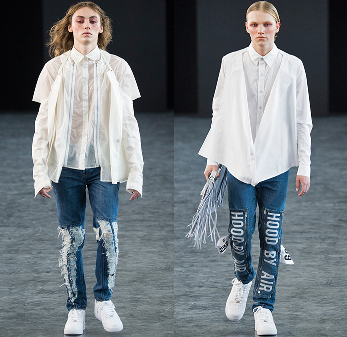 Hood By Air 2015 Spring Summer Mens Runway Catwalk Looks - New York Fashion Week - Denim Jeans Destroyed Destructed Frayed Ripped Holes Threads Bleached Treatment Metallic Choker Manacles Arm Leg Warmers Cutout Shoulders Front Banded Straps D-Ring White Grunge Paint Strokes Zippers Backpack Harness Rainwear Fringes Embossed Engraved Bomber Jacket Knee Panels Belt Tankblazer Vest Waistcoat Wrap Spring Boots Androgyny