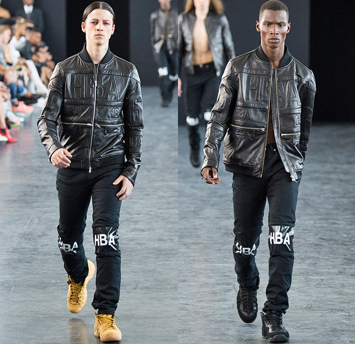 Hood By Air 2015 Spring Summer Mens Runway Catwalk Looks - New York Fashion Week - Denim Jeans Destroyed Destructed Frayed Ripped Holes Threads Bleached Treatment Metallic Choker Manacles Arm Leg Warmers Cutout Shoulders Front Banded Straps D-Ring White Grunge Paint Strokes Zippers Backpack Harness Rainwear Fringes Embossed Engraved Bomber Jacket Knee Panels Belt Tankblazer Vest Waistcoat Wrap Spring Boots Androgyny