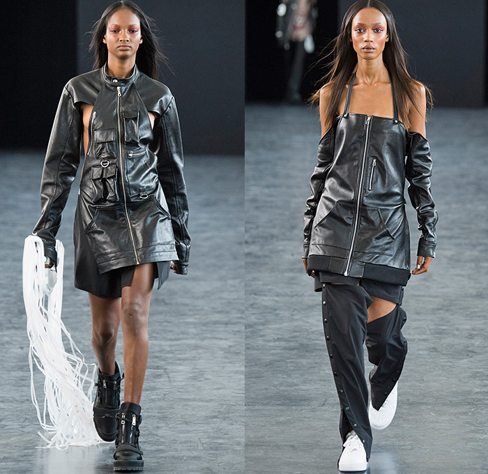 Hood By Air 2015 Spring Summer Womens Runway Catwalk Looks - New York Fashion Week - Denim Jeans Destroyed Destructed Frayed Ripped Holes Threads Knee Panels Combo Panels Shirt Blouse Boots Cutout Side Shoulders Belt Straps Blazer Zippers Spring Coils Slashed Buckles Outerwear Jacket Shirtdress Jacketdress Blazerdress Leather Utility Pockets Bomberdress Strapless Slinky Shorts