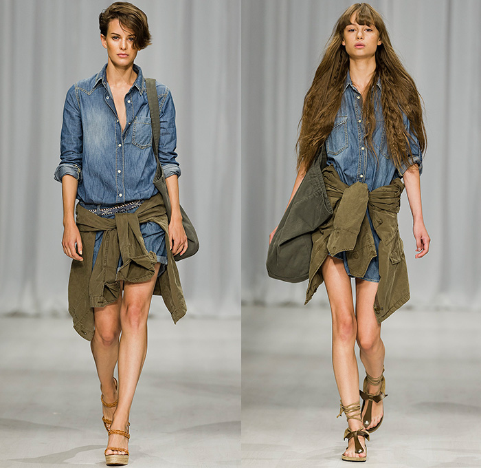 Hunkydory 2015 Spring Summer Womens Runway Catwalk Looks - Fashion Week Stockholm Sweden - Blues Ocean Sky Denim Jeans Flare Bell Bottom Relaxed Fringes Outerwear Coat Jacket Destroyed Destructed Ripped Frayed Holes Faded Retro Sandals Tunic Knit Sweater Jumper Lace Shorts Maxi Dress Onesie Jumpsuit Coveralls Overalls Boiler Suit Salopette Utility Pockets Military Lightweight Tote Bag Shirt Blouse Skirt Frock