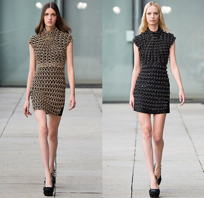 Iris van Herpen 2015 Spring Summer Womens Magnetic Motion Runway Catwalk Looks - Mode à Paris Fashion Week Prêt-à-Porter Mode Féminin Femme France - Silicone 3D Cutout Perforated Laser Mesh Alien Exoskeleton Dress Low V-Neck Asymmetrical Hem Plastic Skirt Frock Crop Top Midriff Pants Trousers Shirtdress Zippers Spikes Teeth Thorns Pleats Cinch Waist Drapery