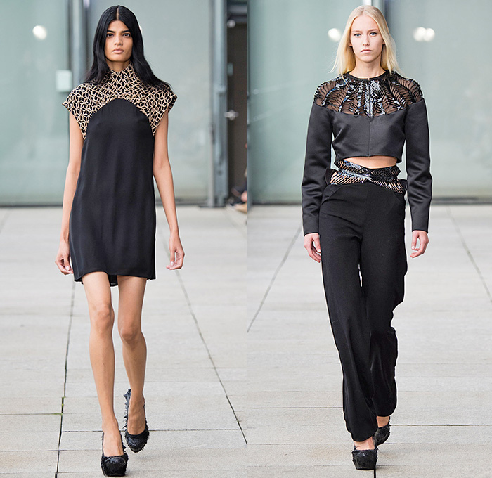 Iris van Herpen 2015 Spring Summer Womens Magnetic Motion Runway Catwalk Looks - Mode à Paris Fashion Week Prêt-à-Porter Mode Féminin Femme France - Silicone 3D Cutout Perforated Laser Mesh Alien Exoskeleton Dress Low V-Neck Asymmetrical Hem Plastic Skirt Frock Crop Top Midriff Pants Trousers Shirtdress Zippers Spikes Teeth Thorns Pleats Cinch Waist Drapery