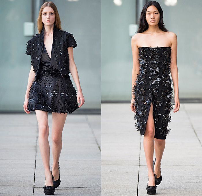 Iris van Herpen 2015 Spring Summer Womens Magnetic Motion Runway Catwalk Looks - Mode à Paris Fashion Week Prêt-à-Porter Mode Féminin Femme France - Silicone 3D Cutout Perforated Laser Mesh Alien Exoskeleton Dress Low V-Neck Asymmetrical Hem Plastic Skirt Frock Crop Top Midriff Pants Trousers Shirtdress Zippers Spikes Teeth Thorns Pleats Cinch Waist Drapery