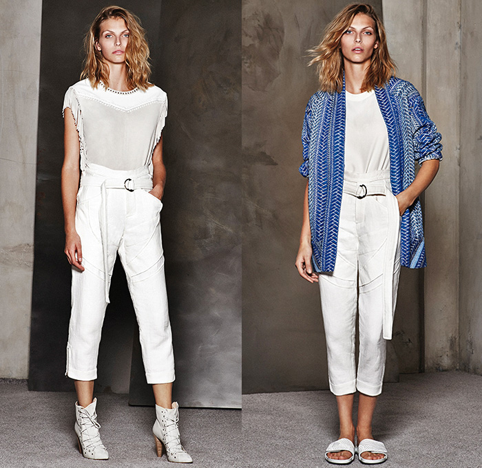 IRO 2015 Spring Summer Womens Lookbook Presentation - Mode à Paris Fashion Week Prêt-à-Porter Mode Féminin Femme France - Denim Jeans Retro Faded Mesh Crochet Knit Ankle Boots Wide Sleeves Embossed Engraved Lace White Motorcycle Biker Cropped Pants Trousers D-Ring High Waist Lace Up Fringes Metallic Studs Shorts Geometric Kimono Wrap Dress Silk Skirt Frock Abstract Coatdress Blazerdress Shirtdress