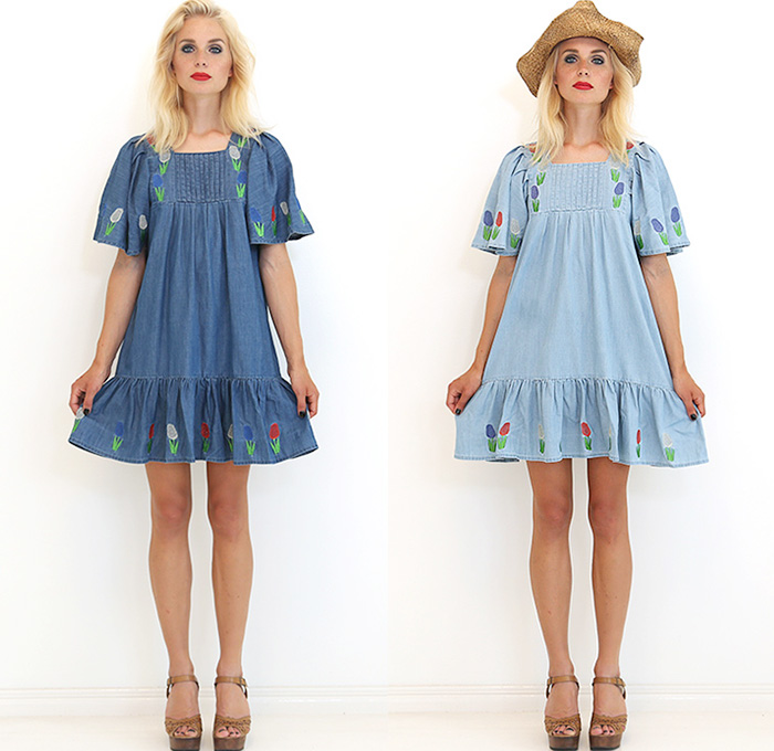 Ivana Helsinki 2015 Spring Summer Womens Lookbook Presentation - Denim Jeans Chambray Embroidery Ruffles Ribbon Bow Tie Shirtdress Tunicdress Stripes Sweaterdress Jumperdress Tulips Knit Crochet Cardigandress Grunge Kimono Wrap Maxi Pinafore Dress Peter Pan Collar Leggings Sleeveless Flowers Florals Flora Botanical