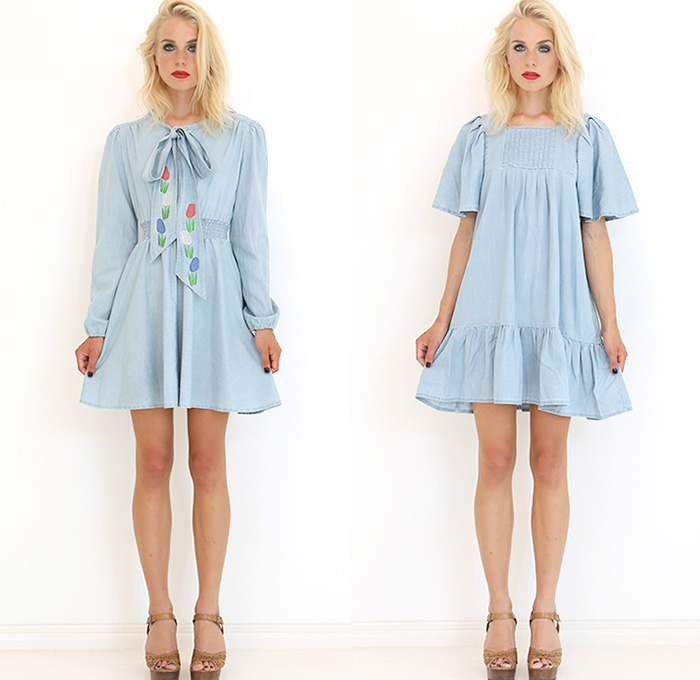 Ivana Helsinki 2015 Spring Summer Womens Lookbook Presentation - Denim Jeans Chambray Embroidery Ruffles Ribbon Bow Tie Shirtdress Tunicdress Stripes Sweaterdress Jumperdress Tulips Knit Crochet Cardigandress Grunge Kimono Wrap Maxi Pinafore Dress Peter Pan Collar Leggings Sleeveless Flowers Florals Flora Botanical