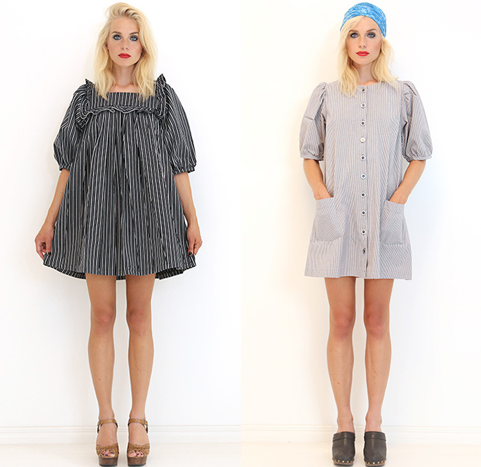 Ivana Helsinki 2015 Spring Summer Womens Lookbook Presentation - Denim Jeans Chambray Embroidery Ruffles Ribbon Bow Tie Shirtdress Tunicdress Stripes Sweaterdress Jumperdress Tulips Knit Crochet Cardigandress Grunge Kimono Wrap Maxi Pinafore Dress Peter Pan Collar Leggings Sleeveless Flowers Florals Flora Botanical