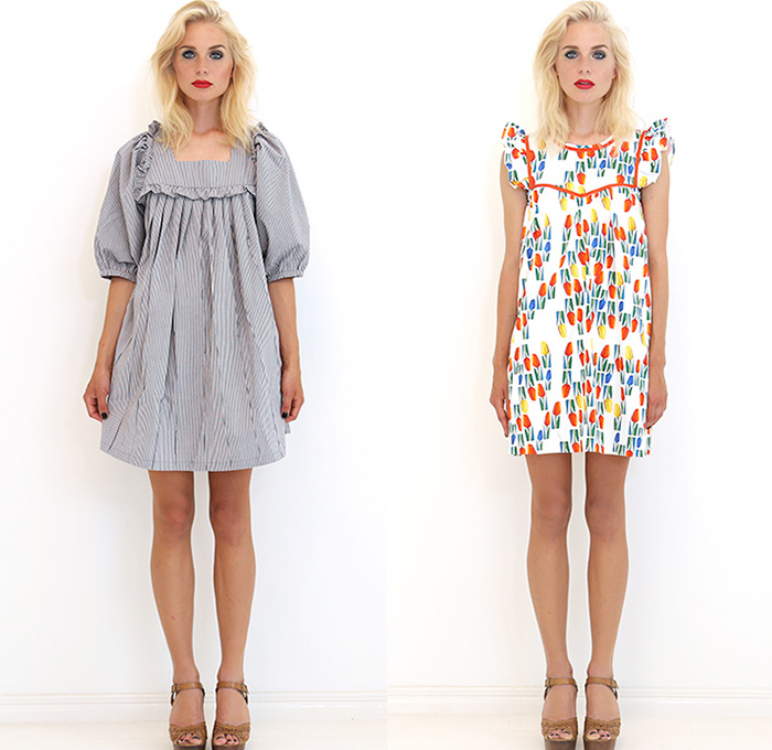 Ivana Helsinki 2015 Spring Summer Womens Lookbook Presentation - Denim Jeans Chambray Embroidery Ruffles Ribbon Bow Tie Shirtdress Tunicdress Stripes Sweaterdress Jumperdress Tulips Knit Crochet Cardigandress Grunge Kimono Wrap Maxi Pinafore Dress Peter Pan Collar Leggings Sleeveless Flowers Florals Flora Botanical