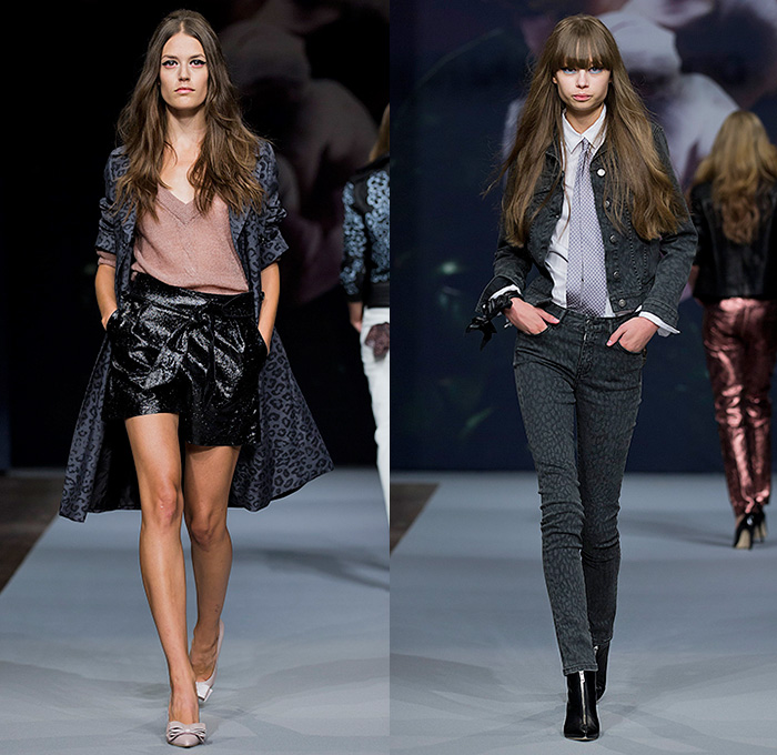 J.Lindeberg 2015 Spring Summer Womens Runway Catwalk Looks - Fashion Week Stockholm Sweden - Biotopia Urban Wilderness Dark Rock n Roll Rocker Flowers Florals Botanical Blazer Shorts Sheer Chiffon Peek-A-Boo Motorcycle Biker Rider Safari Leopard Jungle Drawstring Outerwear Coat Denim Jeans Furry Fringes 3D Black Roses Vest Waistcoat Bralette Midriff Pants Trousers White Ruffles Blouse Shirt Blazer Metallic