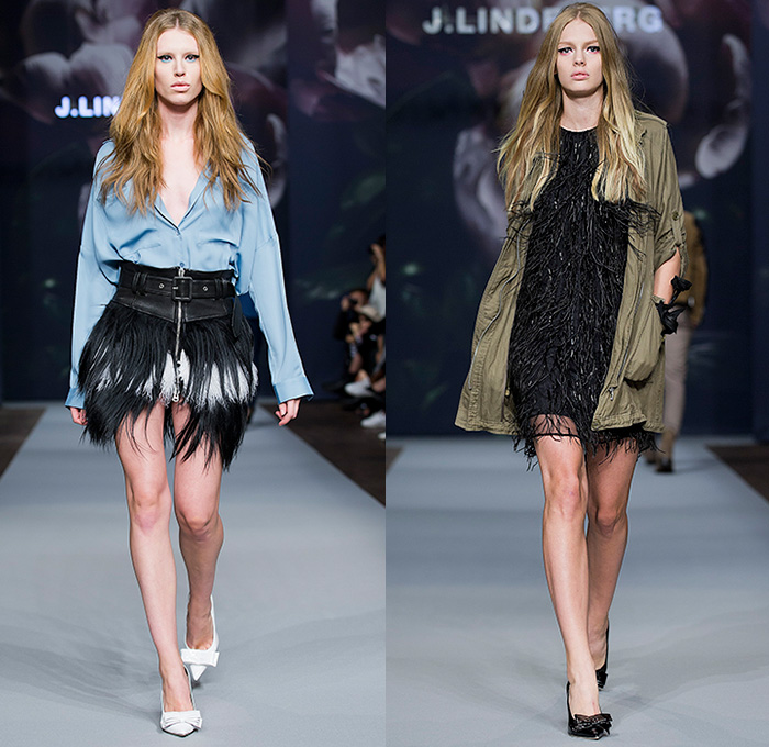 J.Lindeberg 2015 Spring Summer Womens Runway Catwalk Looks - Fashion Week Stockholm Sweden - Biotopia Urban Wilderness Dark Rock n Roll Rocker Flowers Florals Botanical Blazer Shorts Sheer Chiffon Peek-A-Boo Motorcycle Biker Rider Safari Leopard Jungle Drawstring Outerwear Coat Denim Jeans Furry Fringes 3D Black Roses Vest Waistcoat Bralette Midriff Pants Trousers White Ruffles Blouse Shirt Blazer Metallic