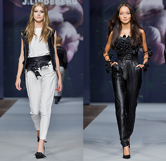 J.Lindeberg 2015 Spring Summer Womens Runway Catwalk Looks - Fashion Week Stockholm Sweden - Biotopia Urban Wilderness Dark Rock n Roll Rocker Flowers Florals Botanical Blazer Shorts Sheer Chiffon Peek-A-Boo Motorcycle Biker Rider Safari Leopard Jungle Drawstring Outerwear Coat Denim Jeans Furry Fringes 3D Black Roses Vest Waistcoat Bralette Midriff Pants Trousers White Ruffles Blouse Shirt Blazer Metallic