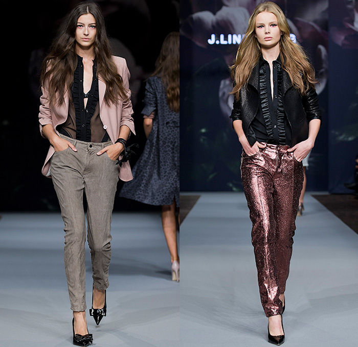 J.Lindeberg 2015 Spring Summer Womens Runway Catwalk Looks - Fashion Week Stockholm Sweden - Biotopia Urban Wilderness Dark Rock n Roll Rocker Flowers Florals Botanical Blazer Shorts Sheer Chiffon Peek-A-Boo Motorcycle Biker Rider Safari Leopard Jungle Drawstring Outerwear Coat Denim Jeans Furry Fringes 3D Black Roses Vest Waistcoat Bralette Midriff Pants Trousers White Ruffles Blouse Shirt Blazer Metallic