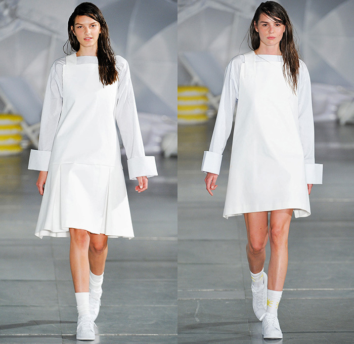 Jacquemus 2015 Spring Summer Womens Runway Catwalk Looks - Mode à Paris Fashion Week Prêt-à-Porter Mode Féminin Femme France - White Ensemble Pinafore Dress Blouse Carrot White Jeans Long Shirt Outerwear Coat Pinstripes Shirtdress Blousedress Slouchy Cinch Paper Bag Waist Swim Bikini Combo Panel Skirt Frock Asymmetrical Angular Handkerchief Hem Stripes Banded Strap One Off Shoulder Spaghetti Noodle Strap Shawl Halter Top