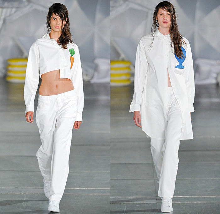 Jacquemus 2015 Spring Summer Womens Runway Catwalk Looks - Mode à Paris Fashion Week Prêt-à-Porter Mode Féminin Femme France - White Ensemble Pinafore Dress Blouse Carrot White Jeans Long Shirt Outerwear Coat Pinstripes Shirtdress Blousedress Slouchy Cinch Paper Bag Waist Swim Bikini Combo Panel Skirt Frock Asymmetrical Angular Handkerchief Hem Stripes Banded Strap One Off Shoulder Spaghetti Noodle Strap Shawl Halter Top