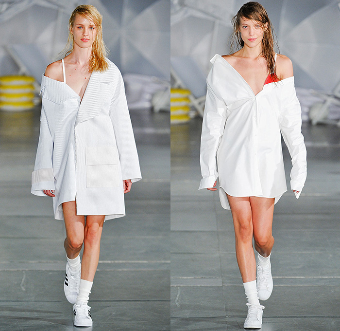 Jacquemus 2015 Spring Summer Womens Runway Catwalk Looks - Mode à Paris Fashion Week Prêt-à-Porter Mode Féminin Femme France - White Ensemble Pinafore Dress Blouse Carrot White Jeans Long Shirt Outerwear Coat Pinstripes Shirtdress Blousedress Slouchy Cinch Paper Bag Waist Swim Bikini Combo Panel Skirt Frock Asymmetrical Angular Handkerchief Hem Stripes Banded Strap One Off Shoulder Spaghetti Noodle Strap Shawl Halter Top