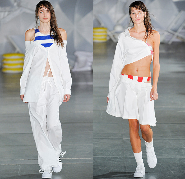 Jacquemus 2015 Spring Summer Womens Runway Catwalk Looks - Mode à Paris Fashion Week Prêt-à-Porter Mode Féminin Femme France - White Ensemble Pinafore Dress Blouse Carrot White Jeans Long Shirt Outerwear Coat Pinstripes Shirtdress Blousedress Slouchy Cinch Paper Bag Waist Swim Bikini Combo Panel Skirt Frock Asymmetrical Angular Handkerchief Hem Stripes Banded Strap One Off Shoulder Spaghetti Noodle Strap Shawl Halter Top