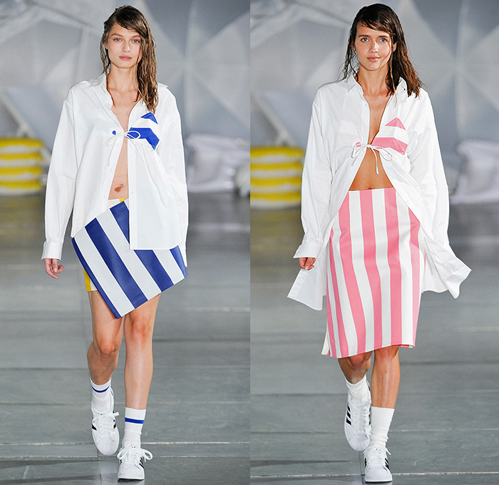 Jacquemus 2015 Spring Summer Womens Runway Catwalk Looks - Mode à Paris Fashion Week Prêt-à-Porter Mode Féminin Femme France - White Ensemble Pinafore Dress Blouse Carrot White Jeans Long Shirt Outerwear Coat Pinstripes Shirtdress Blousedress Slouchy Cinch Paper Bag Waist Swim Bikini Combo Panel Skirt Frock Asymmetrical Angular Handkerchief Hem Stripes Banded Strap One Off Shoulder Spaghetti Noodle Strap Shawl Halter Top