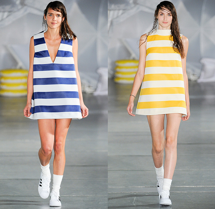 Jacquemus 2015 Spring Summer Womens Runway Catwalk Looks - Mode à Paris Fashion Week Prêt-à-Porter Mode Féminin Femme France - White Ensemble Pinafore Dress Blouse Carrot White Jeans Long Shirt Outerwear Coat Pinstripes Shirtdress Blousedress Slouchy Cinch Paper Bag Waist Swim Bikini Combo Panel Skirt Frock Asymmetrical Angular Handkerchief Hem Stripes Banded Strap One Off Shoulder Spaghetti Noodle Strap Shawl Halter Top