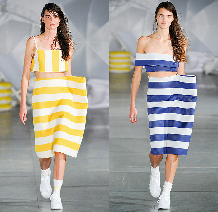 Jacquemus 2015 Spring Summer Womens Runway Catwalk Looks - Mode à Paris Fashion Week Prêt-à-Porter Mode Féminin Femme France - White Ensemble Pinafore Dress Blouse Carrot White Jeans Long Shirt Outerwear Coat Pinstripes Shirtdress Blousedress Slouchy Cinch Paper Bag Waist Swim Bikini Combo Panel Skirt Frock Asymmetrical Angular Handkerchief Hem Stripes Banded Strap One Off Shoulder Spaghetti Noodle Strap Shawl Halter Top