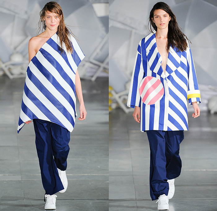 Jacquemus 2015 Spring Summer Womens Runway Catwalk Looks - Mode à Paris Fashion Week Prêt-à-Porter Mode Féminin Femme France - White Ensemble Pinafore Dress Blouse Carrot White Jeans Long Shirt Outerwear Coat Pinstripes Shirtdress Blousedress Slouchy Cinch Paper Bag Waist Swim Bikini Combo Panel Skirt Frock Asymmetrical Angular Handkerchief Hem Stripes Banded Strap One Off Shoulder Spaghetti Noodle Strap Shawl Halter Top