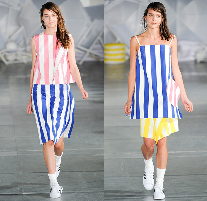 Jacquemus 2015 Spring Summer Womens Runway Catwalk Looks - Mode à Paris Fashion Week Prêt-à-Porter Mode Féminin Femme France - White Ensemble Pinafore Dress Blouse Carrot White Jeans Long Shirt Outerwear Coat Pinstripes Shirtdress Blousedress Slouchy Cinch Paper Bag Waist Swim Bikini Combo Panel Skirt Frock Asymmetrical Angular Handkerchief Hem Stripes Banded Strap One Off Shoulder Spaghetti Noodle Strap Shawl Halter Top