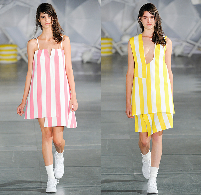 Jacquemus 2015 Spring Summer Womens Runway Catwalk Looks - Mode à Paris Fashion Week Prêt-à-Porter Mode Féminin Femme France - White Ensemble Pinafore Dress Blouse Carrot White Jeans Long Shirt Outerwear Coat Pinstripes Shirtdress Blousedress Slouchy Cinch Paper Bag Waist Swim Bikini Combo Panel Skirt Frock Asymmetrical Angular Handkerchief Hem Stripes Banded Strap One Off Shoulder Spaghetti Noodle Strap Shawl Halter Top