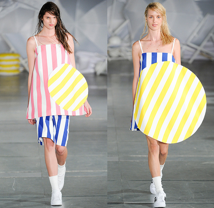 Jacquemus 2015 Spring Summer Womens Runway Catwalk Looks - Mode à Paris Fashion Week Prêt-à-Porter Mode Féminin Femme France - White Ensemble Pinafore Dress Blouse Carrot White Jeans Long Shirt Outerwear Coat Pinstripes Shirtdress Blousedress Slouchy Cinch Paper Bag Waist Swim Bikini Combo Panel Skirt Frock Asymmetrical Angular Handkerchief Hem Stripes Banded Strap One Off Shoulder Spaghetti Noodle Strap Shawl Halter Top