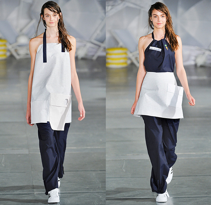 Jacquemus 2015 Spring Summer Womens Runway Catwalk Looks - Mode à Paris Fashion Week Prêt-à-Porter Mode Féminin Femme France - White Ensemble Pinafore Dress Blouse Carrot White Jeans Long Shirt Outerwear Coat Pinstripes Shirtdress Blousedress Slouchy Cinch Paper Bag Waist Swim Bikini Combo Panel Skirt Frock Asymmetrical Angular Handkerchief Hem Stripes Banded Strap One Off Shoulder Spaghetti Noodle Strap Shawl Halter Top