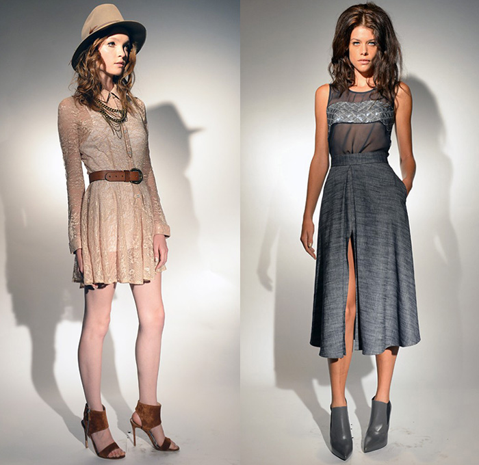 Jay Godfrey 2015 Spring Summer Womens Lookbook Presentation - Mercedes-Benz Fashion Week New York MBFW NYFW - Denim Jeans Western Cowgirl Cowboy Mullet Hem Tie Up Lace Sheer Chiffon Peek-A-Boo Hat Crop Top Midriff Fringes Metallic Embossed Engraved Steel Pattern Cape Cloak Multi-Panel Pencil Skirt Frock Dress High Slit Belted Waist Chevron Arrows Pantsuit Tuxedo Stripe Blazer