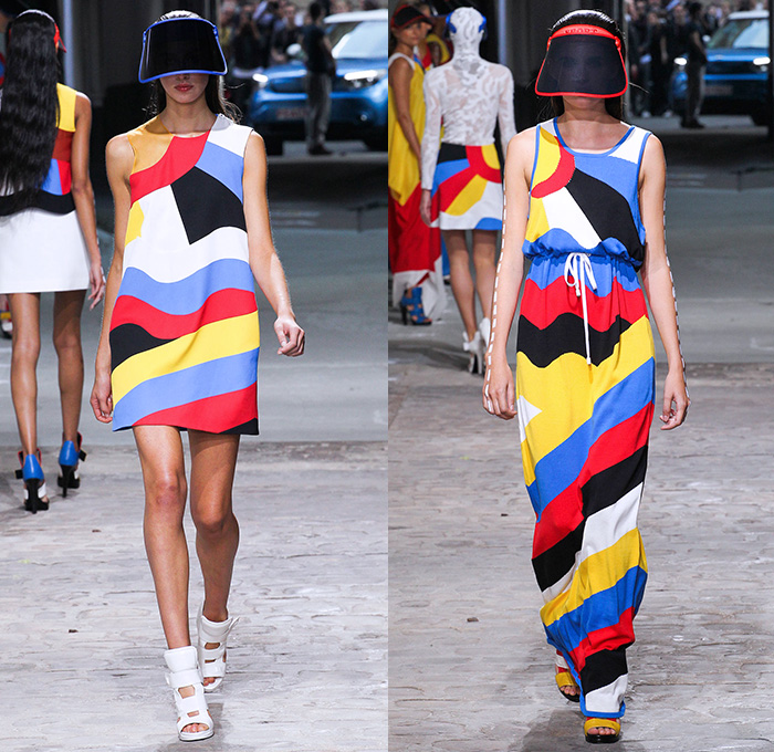 Jean-Charles de Castelbajac 2015 Spring Summer Womens Runway Catwalk Looks - Mode à Paris Fashion Week Prêt-à-Porter Mode Féminin Femme France - Color Block Stripes Visor Drawstring Lace Up Maxi Dress Stitch Print Ant Trail Outerwear Coat Sheer Chiffon Curved Handkerchief Hem White Ensemble Halter Top Drapery Laser Mesh Raincoat Plastic Flap Cargo Utility Pockets Shorts Jumpsuit Scuba Diver Drawing Face Star