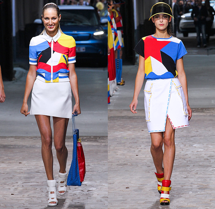 Jean-Charles de Castelbajac 2015 Spring Summer Womens Runway Catwalk Looks - Mode à Paris Fashion Week Prêt-à-Porter Mode Féminin Femme France - Color Block Stripes Visor Drawstring Lace Up Maxi Dress Stitch Print Ant Trail Outerwear Coat Sheer Chiffon Curved Handkerchief Hem White Ensemble Halter Top Drapery Laser Mesh Raincoat Plastic Flap Cargo Utility Pockets Shorts Jumpsuit Scuba Diver Drawing Face Star