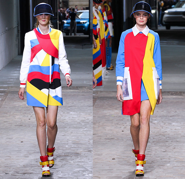 Jean-Charles de Castelbajac 2015 Spring Summer Womens Runway Catwalk Looks - Mode à Paris Fashion Week Prêt-à-Porter Mode Féminin Femme France - Color Block Stripes Visor Drawstring Lace Up Maxi Dress Stitch Print Ant Trail Outerwear Coat Sheer Chiffon Curved Handkerchief Hem White Ensemble Halter Top Drapery Laser Mesh Raincoat Plastic Flap Cargo Utility Pockets Shorts Jumpsuit Scuba Diver Drawing Face Star