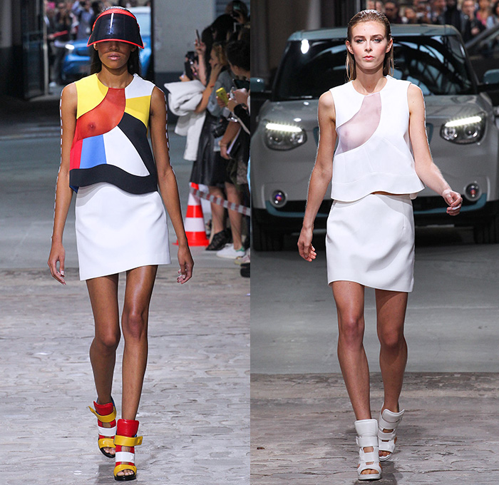 Jean-Charles de Castelbajac 2015 Spring Summer Womens Runway Catwalk Looks - Mode à Paris Fashion Week Prêt-à-Porter Mode Féminin Femme France - Color Block Stripes Visor Drawstring Lace Up Maxi Dress Stitch Print Ant Trail Outerwear Coat Sheer Chiffon Curved Handkerchief Hem White Ensemble Halter Top Drapery Laser Mesh Raincoat Plastic Flap Cargo Utility Pockets Shorts Jumpsuit Scuba Diver Drawing Face Star