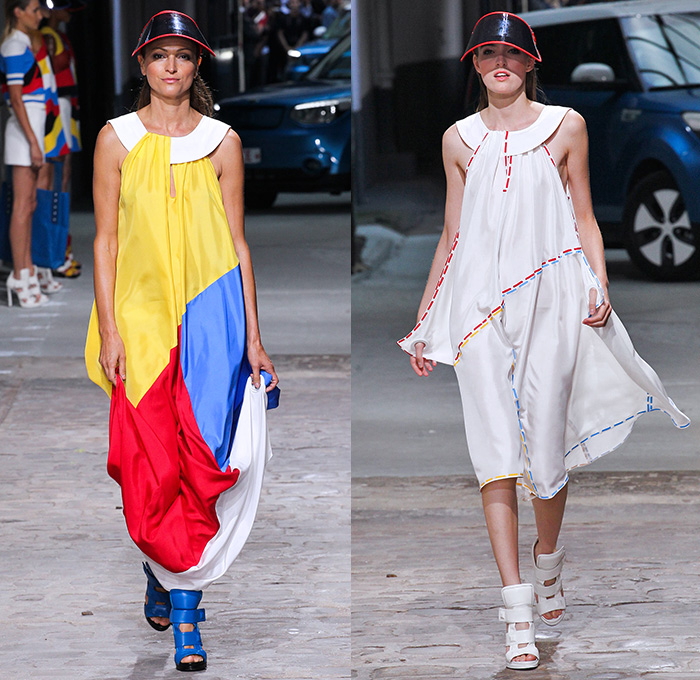 Jean-Charles de Castelbajac 2015 Spring Summer Womens Runway Catwalk Looks - Mode à Paris Fashion Week Prêt-à-Porter Mode Féminin Femme France - Color Block Stripes Visor Drawstring Lace Up Maxi Dress Stitch Print Ant Trail Outerwear Coat Sheer Chiffon Curved Handkerchief Hem White Ensemble Halter Top Drapery Laser Mesh Raincoat Plastic Flap Cargo Utility Pockets Shorts Jumpsuit Scuba Diver Drawing Face Star