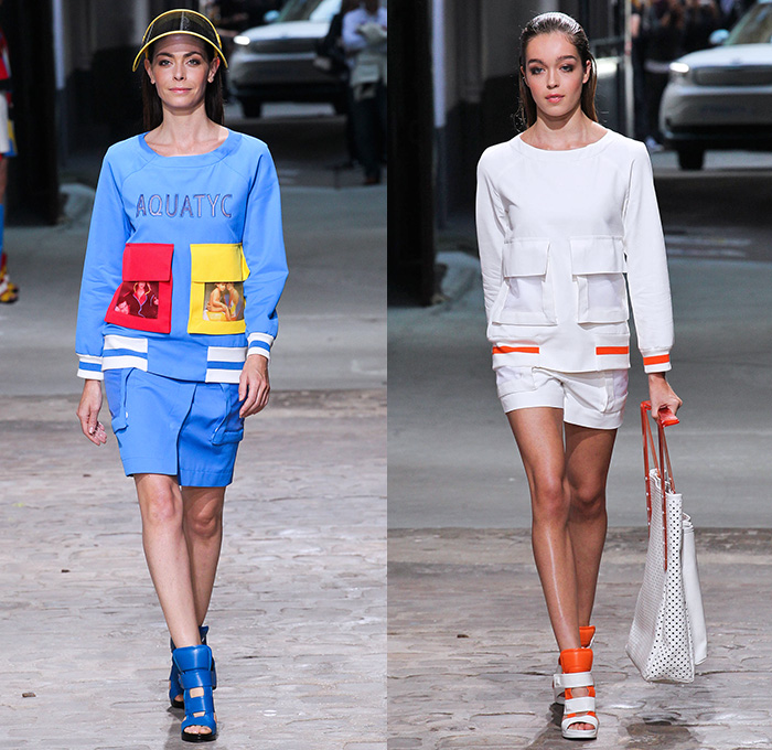 Jean-Charles de Castelbajac 2015 Spring Summer Womens Runway Catwalk Looks - Mode à Paris Fashion Week Prêt-à-Porter Mode Féminin Femme France - Color Block Stripes Visor Drawstring Lace Up Maxi Dress Stitch Print Ant Trail Outerwear Coat Sheer Chiffon Curved Handkerchief Hem White Ensemble Halter Top Drapery Laser Mesh Raincoat Plastic Flap Cargo Utility Pockets Shorts Jumpsuit Scuba Diver Drawing Face Star