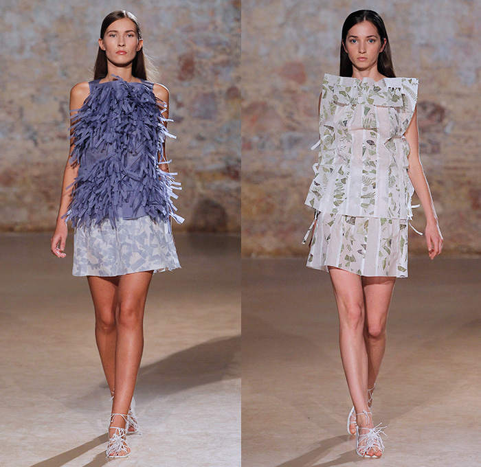 João Melo Costa 2015 Spring Summer Womens Runway Catwalk Looks - Portugal Fashion Sprinkle Lisbon Teatro Thalia - Fringes Paper Cut Ribbons Dress Geometric Foliage Ruffles Kimono Wrap Coatdress Stripes Wings Drawstring Skirt Frock 3D Embellishments Adornments Fauna Leaves Foliage Botanical Extra Panel Leaf Panel 