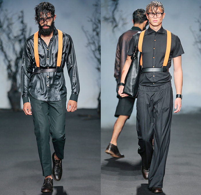 Jonathan Christopher Homme 2015 Spring Summer Mens Runway Looks - FashionWeek Nederland Amsterdam Netherlands - Harness Button Down Long Shirt Tuck Out Wide Leg Trousers Palazzo Pants Crochet Knit Sweater Jumper V-Neck Sheer Chiffon Peek-A-Boo Shawl Scarf Fold Out Draped Lapel Tank Top Sleeveless Crossbody Bag Cardigan Banded Strap Blazer Shorts Bomber Jacket Silk Black