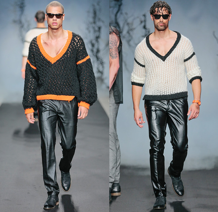 Jonathan Christopher Homme 2015 Spring Summer Mens Runway Looks - FashionWeek Nederland Amsterdam Netherlands - Harness Button Down Long Shirt Tuck Out Wide Leg Trousers Palazzo Pants Crochet Knit Sweater Jumper V-Neck Sheer Chiffon Peek-A-Boo Shawl Scarf Fold Out Draped Lapel Tank Top Sleeveless Crossbody Bag Cardigan Banded Strap Blazer Shorts Bomber Jacket Silk Black