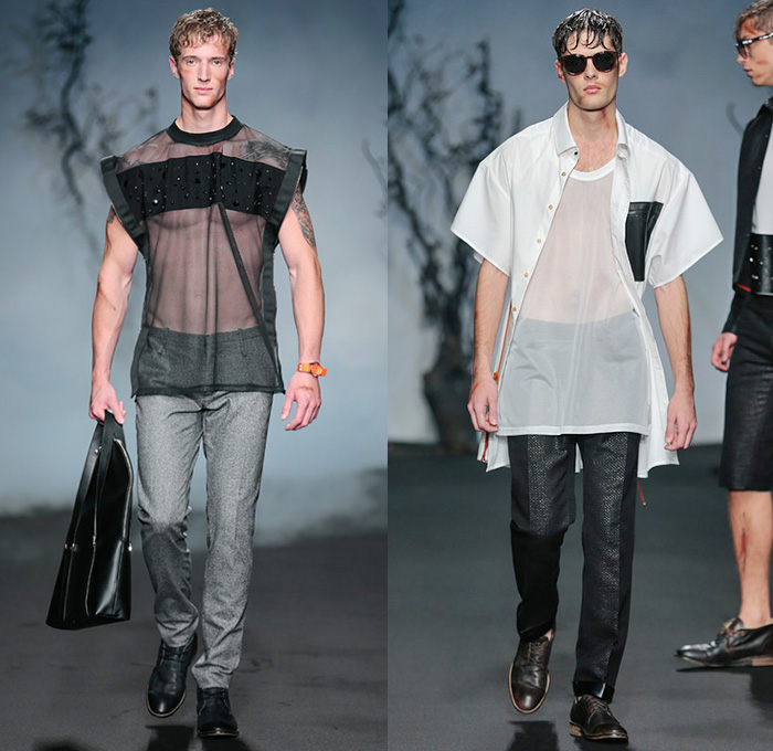 Jonathan Christopher Homme 2015 Spring Summer Mens Runway Looks - FashionWeek Nederland Amsterdam Netherlands - Harness Button Down Long Shirt Tuck Out Wide Leg Trousers Palazzo Pants Crochet Knit Sweater Jumper V-Neck Sheer Chiffon Peek-A-Boo Shawl Scarf Fold Out Draped Lapel Tank Top Sleeveless Crossbody Bag Cardigan Banded Strap Blazer Shorts Bomber Jacket Silk Black