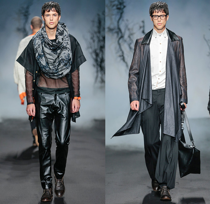 Jonathan Christopher Homme 2015 Spring Summer Mens Runway Looks - FashionWeek Nederland Amsterdam Netherlands - Harness Button Down Long Shirt Tuck Out Wide Leg Trousers Palazzo Pants Crochet Knit Sweater Jumper V-Neck Sheer Chiffon Peek-A-Boo Shawl Scarf Fold Out Draped Lapel Tank Top Sleeveless Crossbody Bag Cardigan Banded Strap Blazer Shorts Bomber Jacket Silk Black