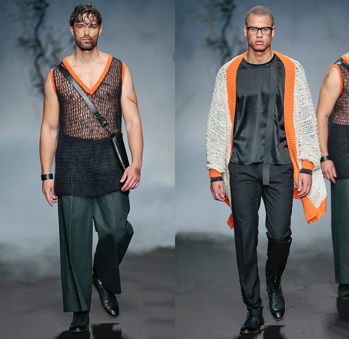 Jonathan Christopher Homme 2015 Spring Summer Mens Runway Looks - FashionWeek Nederland Amsterdam Netherlands - Harness Button Down Long Shirt Tuck Out Wide Leg Trousers Palazzo Pants Crochet Knit Sweater Jumper V-Neck Sheer Chiffon Peek-A-Boo Shawl Scarf Fold Out Draped Lapel Tank Top Sleeveless Crossbody Bag Cardigan Banded Strap Blazer Shorts Bomber Jacket Silk Black