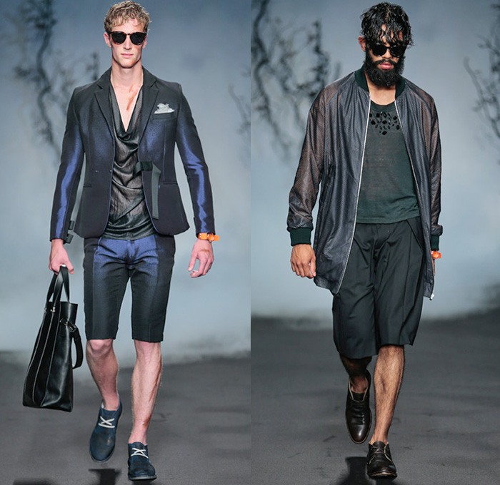 Jonathan Christopher Homme 2015 Spring Summer Mens Runway Looks - FashionWeek Nederland Amsterdam Netherlands - Harness Button Down Long Shirt Tuck Out Wide Leg Trousers Palazzo Pants Crochet Knit Sweater Jumper V-Neck Sheer Chiffon Peek-A-Boo Shawl Scarf Fold Out Draped Lapel Tank Top Sleeveless Crossbody Bag Cardigan Banded Strap Blazer Shorts Bomber Jacket Silk Black