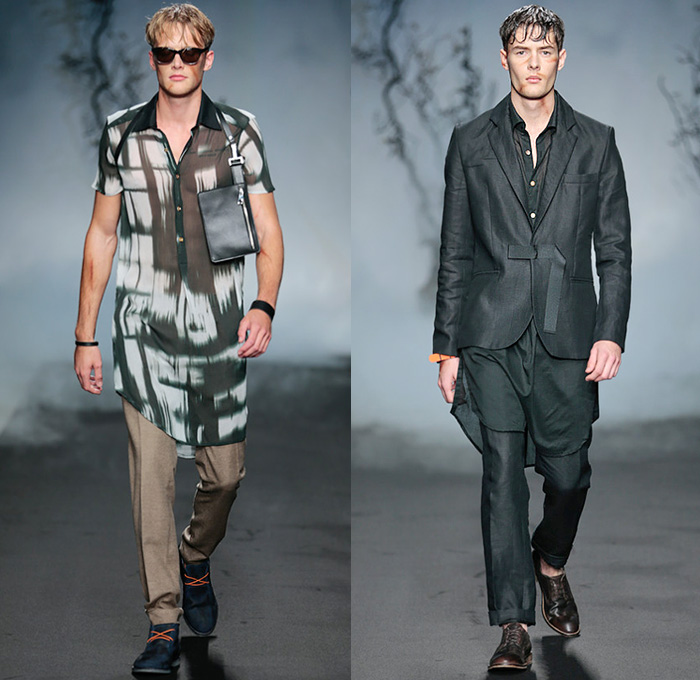 Jonathan Christopher Homme 2015 Spring Summer Mens Runway Looks - FashionWeek Nederland Amsterdam Netherlands - Harness Button Down Long Shirt Tuck Out Wide Leg Trousers Palazzo Pants Crochet Knit Sweater Jumper V-Neck Sheer Chiffon Peek-A-Boo Shawl Scarf Fold Out Draped Lapel Tank Top Sleeveless Crossbody Bag Cardigan Banded Strap Blazer Shorts Bomber Jacket Silk Black