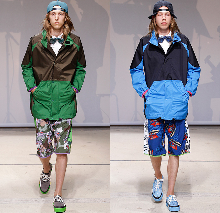 Julien David x Quiksilver 2015 Spring Summer Mens Runway Catwalk Lookbook Collection - Mode à Paris Fashion Week Mode Masculine France - Beach Surf Skate Streetwear Wetsuit Neoprene Board Shorts Baggy Seersucker Suit Plaid Parka Tail Jacquard Bow Tie Cap Surfer Yulex Outerwear Parka Hoodie Sneakers Pop Art Racing Checks Trench Coat Knit Sweater Jumper Drawstring Cinch Hem Motorcycle Biker Rider Teeth Double Breasted Blazer