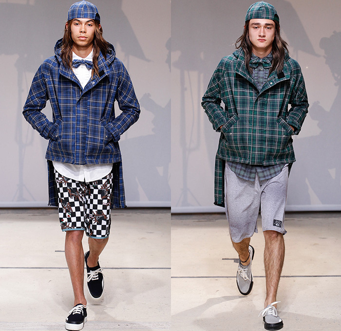 Julien David x Quiksilver 2015 Spring Summer Mens Runway Catwalk Lookbook Collection - Mode à Paris Fashion Week Mode Masculine France - Beach Surf Skate Streetwear Wetsuit Neoprene Board Shorts Baggy Seersucker Suit Plaid Parka Tail Jacquard Bow Tie Cap Surfer Yulex Outerwear Parka Hoodie Sneakers Pop Art Racing Checks Trench Coat Knit Sweater Jumper Drawstring Cinch Hem Motorcycle Biker Rider Teeth Double Breasted Blazer