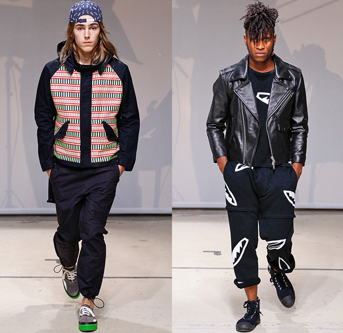 Julien David x Quiksilver 2015 Spring Summer Mens Runway Catwalk Lookbook Collection - Mode à Paris Fashion Week Mode Masculine France - Beach Surf Skate Streetwear Wetsuit Neoprene Board Shorts Baggy Seersucker Suit Plaid Parka Tail Jacquard Bow Tie Cap Surfer Yulex Outerwear Parka Hoodie Sneakers Pop Art Racing Checks Trench Coat Knit Sweater Jumper Drawstring Cinch Hem Motorcycle Biker Rider Teeth Double Breasted Blazer