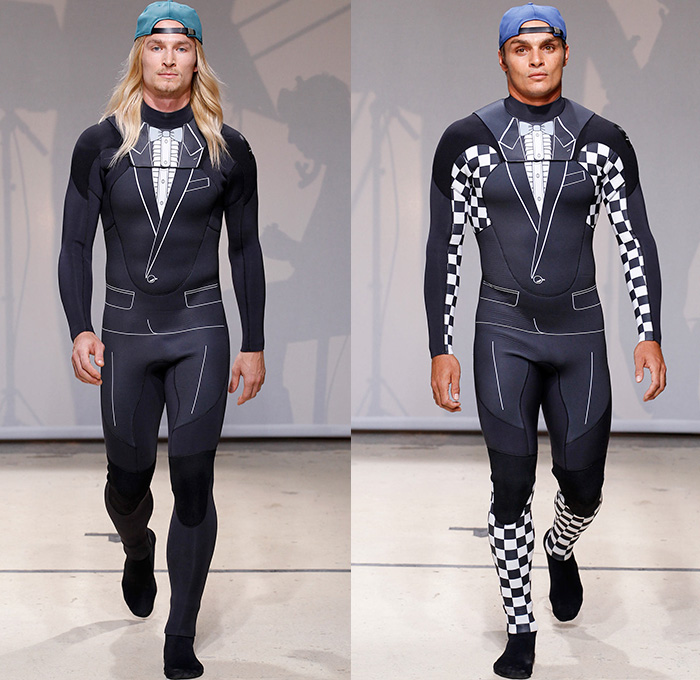 Julien David x Quiksilver 2015 Spring Summer Mens Runway Catwalk Lookbook Collection - Mode à Paris Fashion Week Mode Masculine France - Beach Surf Skate Streetwear Wetsuit Neoprene Board Shorts Baggy Seersucker Suit Plaid Parka Tail Jacquard Bow Tie Cap Surfer Yulex Outerwear Parka Hoodie Sneakers Pop Art Racing Checks Trench Coat Knit Sweater Jumper Drawstring Cinch Hem Motorcycle Biker Rider Teeth Double Breasted Blazer